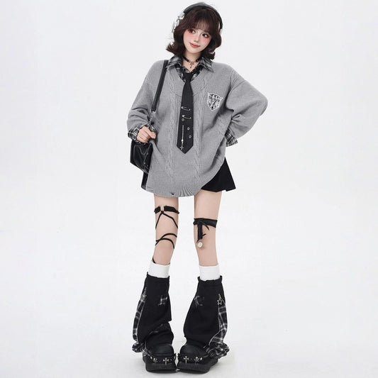 American Preppy Style Fake Two-Piece Plaid Loose Sweater