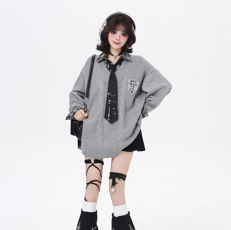 American Preppy Style Fake Two-Piece Plaid Loose Sweater