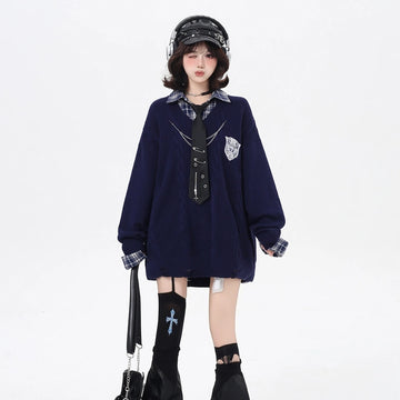 American Preppy Style Fake Two-Piece Plaid Loose Sweater