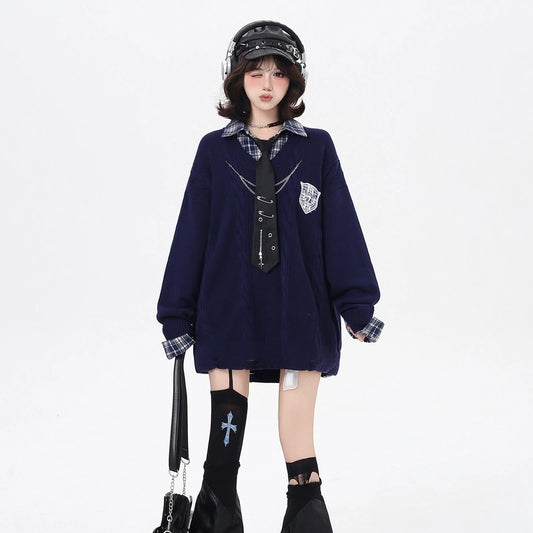 American Preppy Style Fake Two-Piece Plaid Loose Sweater