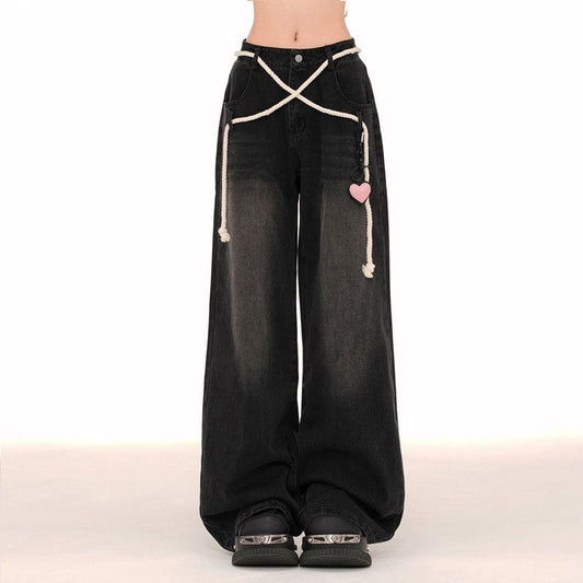 American Retro Black All-match Wide-Leg Jeans