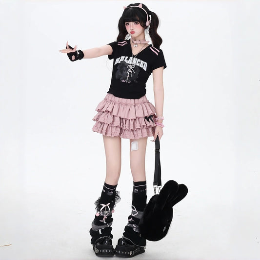 American Retro Black and Pink Striped T-Shirt