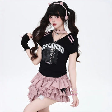 American Retro Black and Pink Striped T-Shirt