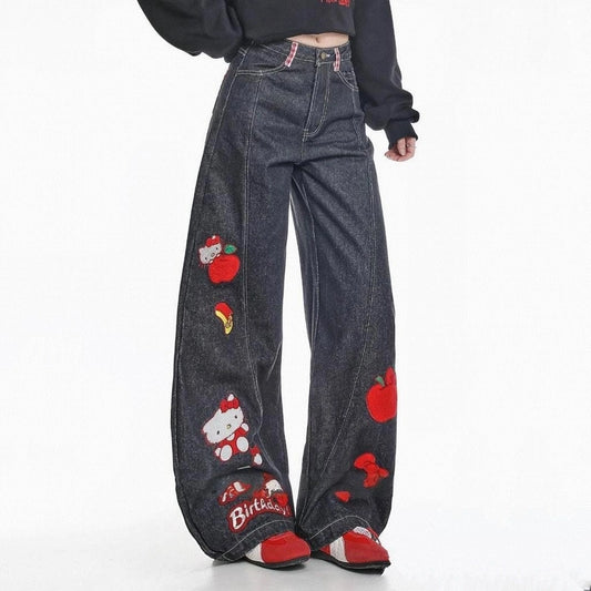 American Retro Hello Kitty Embroidered Jeans