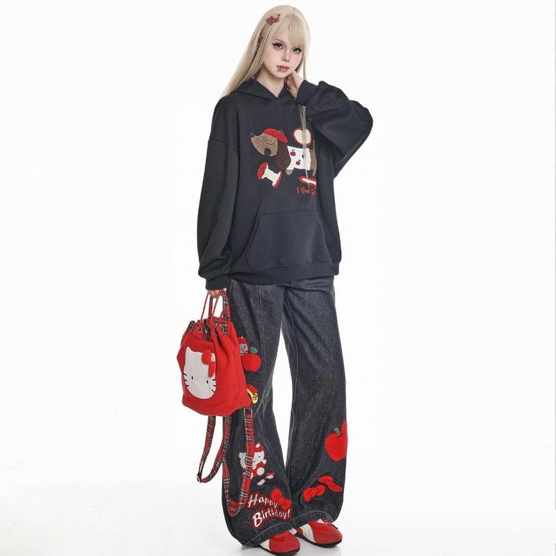 American Retro Hello Kitty Embroidered Jeans