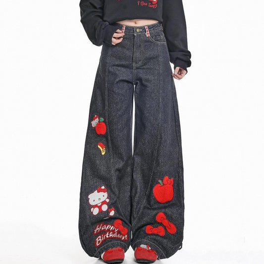 American Retro Hello Kitty Embroidered Jeans