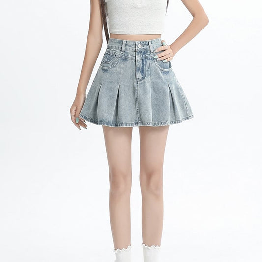 American Retro Light Blue High Waist Denim Pleated Skirt