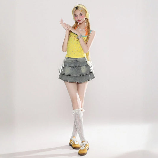 American Retro Style Blue Bow Tie Denim Skirt