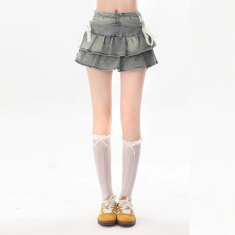 American Retro Style Blue Bow Tie Denim Skirt