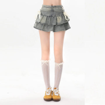 American Retro Style Blue Bow Tie Denim Skirt