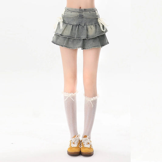 American Retro Style Blue Bow Tie Denim Skirt