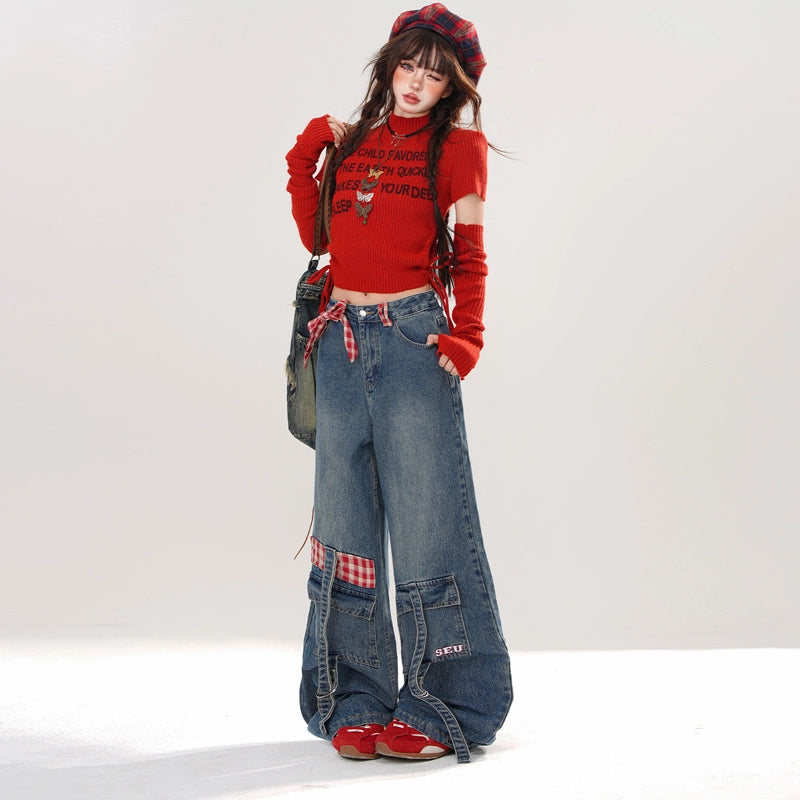 American Retro Style Blue Straight Wide-leg Jeans