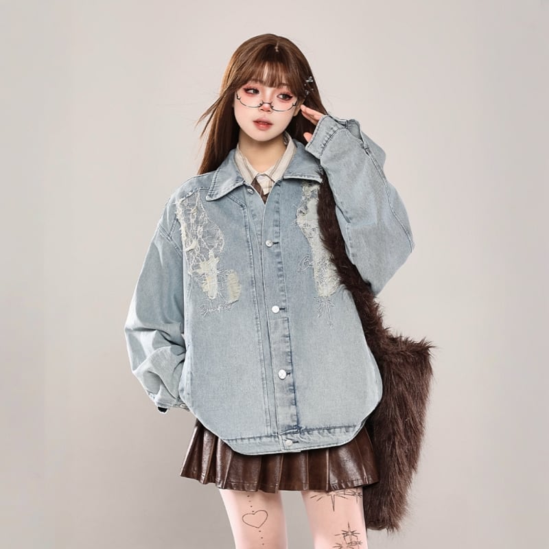 American Retro Style Lace Stitching Denim Jacket