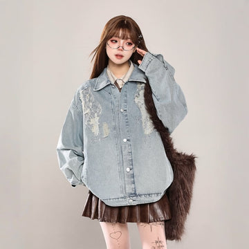 American Retro Style Lace Stitching Denim Jacket