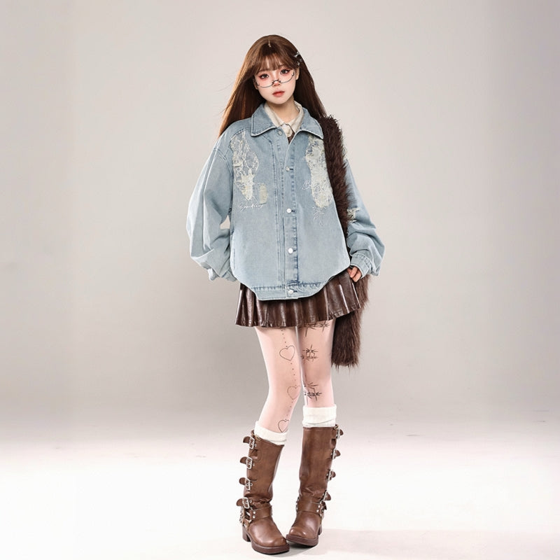 American Retro Style Lace Stitching Denim Jacket