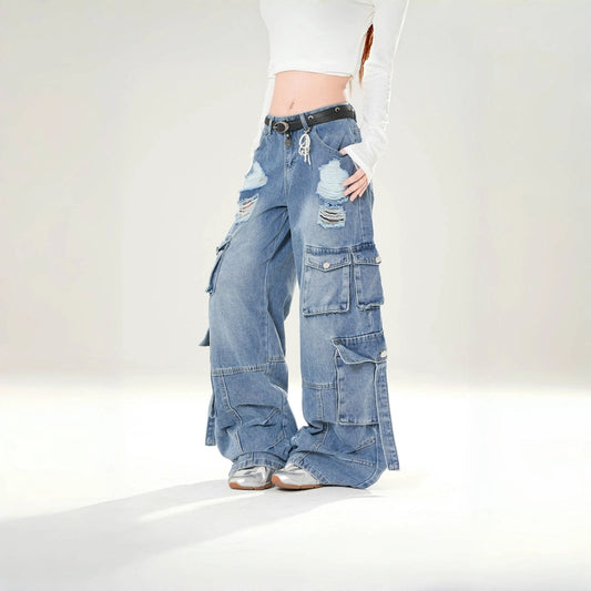 American Retro Style Ripped Overalls Jeans