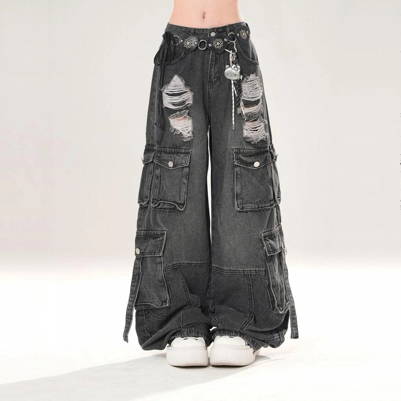American Retro Style Ripped Overalls Jeans