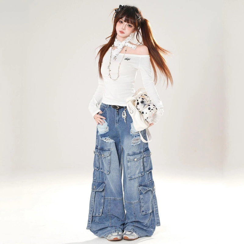 American Retro Style Ripped Overalls Jeans