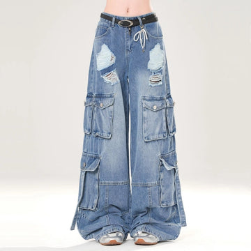 American Retro Style Ripped Overalls Jeans