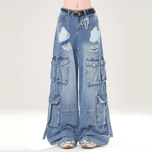American Retro Style Ripped Overalls Jeans