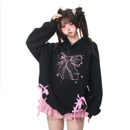 American Retro Sweet Style Pink Bow Print Hooded Sweatshirt