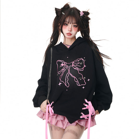 American Retro Sweet Style Pink Bow Print Hooded Sweatshirt