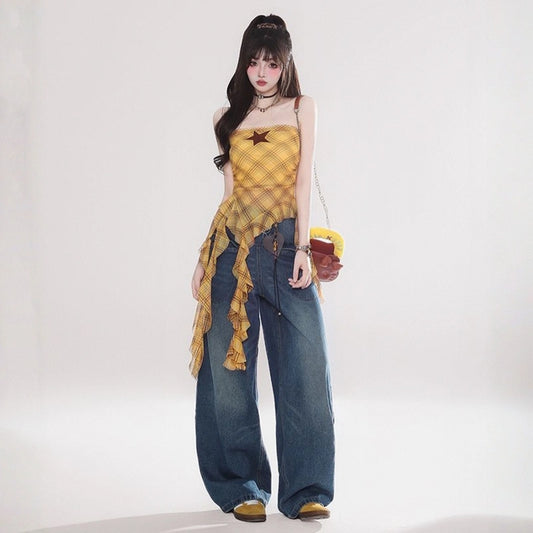 American Retro Yellow Plaid Irregular Vest