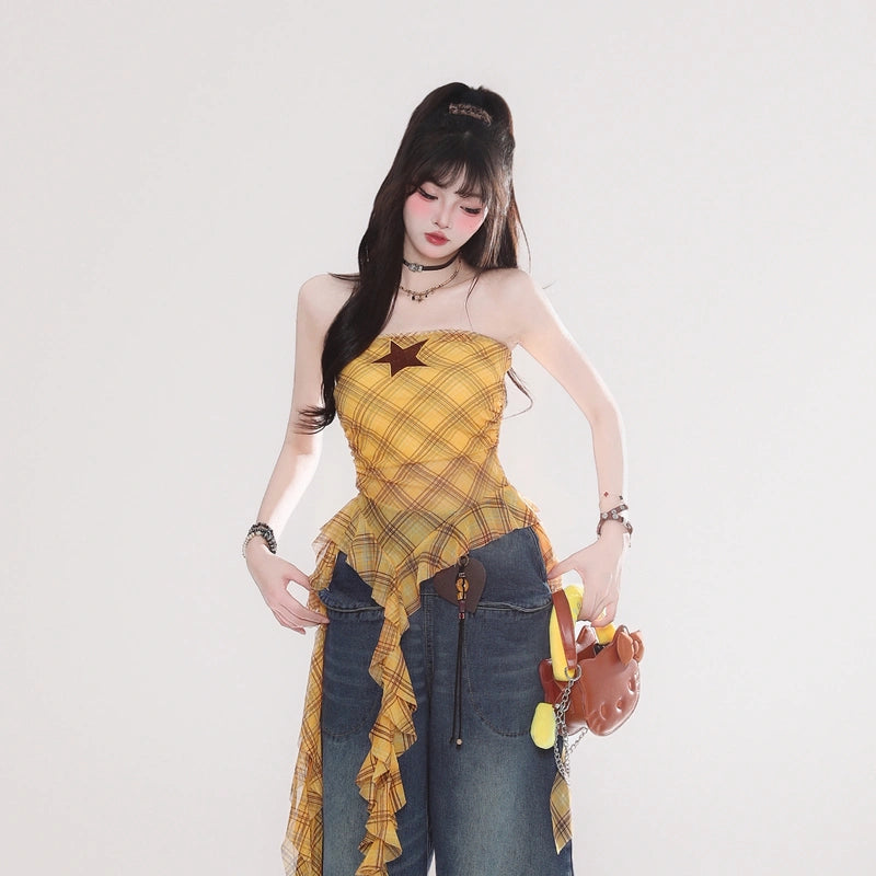 American Retro Yellow Plaid Irregular Vest