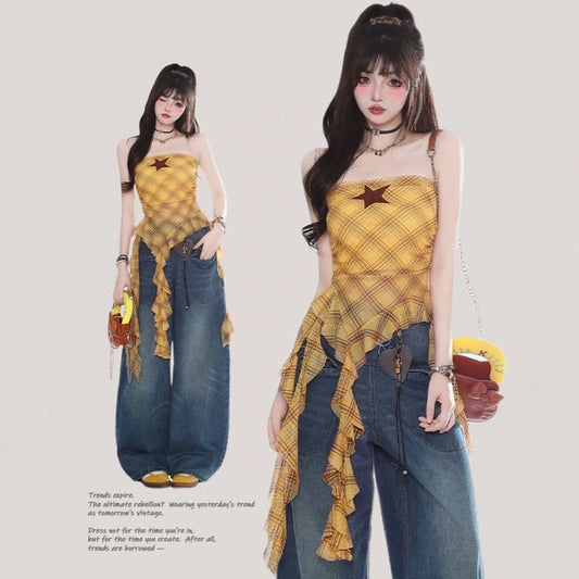 American Retro Yellow Plaid Irregular Vest