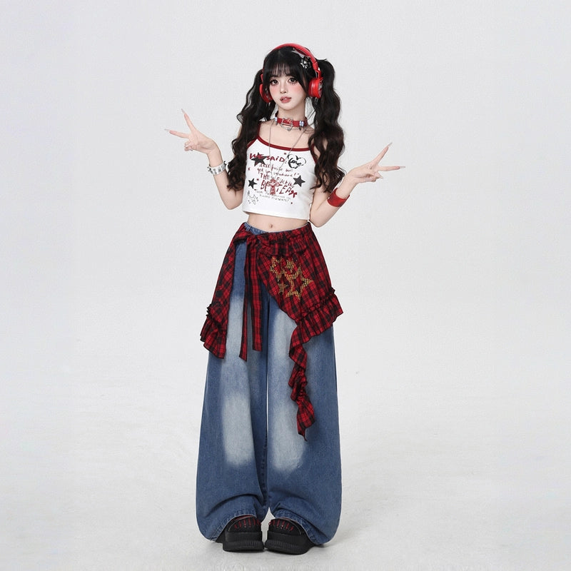 American Street Plaid Lace Decorative Jeans