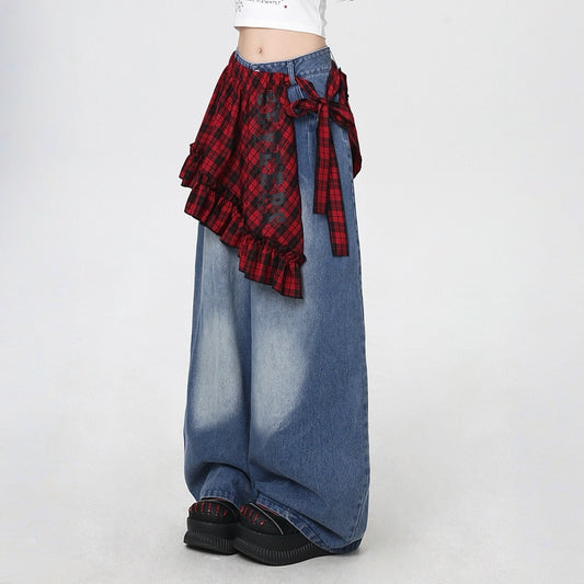 American Street Plaid Lace Decorative Jeans
