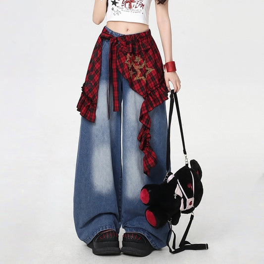 American Street Plaid Lace Decorative Jeans