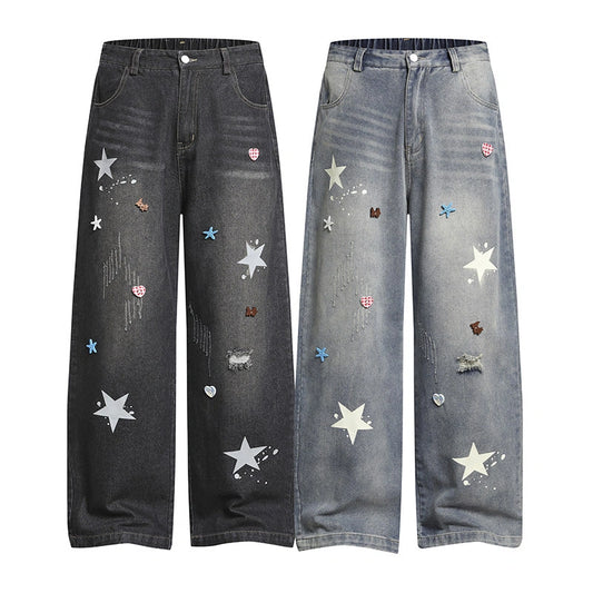 American Style 3D Star Decoration Wide-Leg Jeans