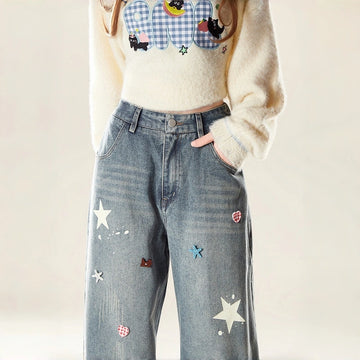American Style 3D Star Decoration Wide-Leg Jeans