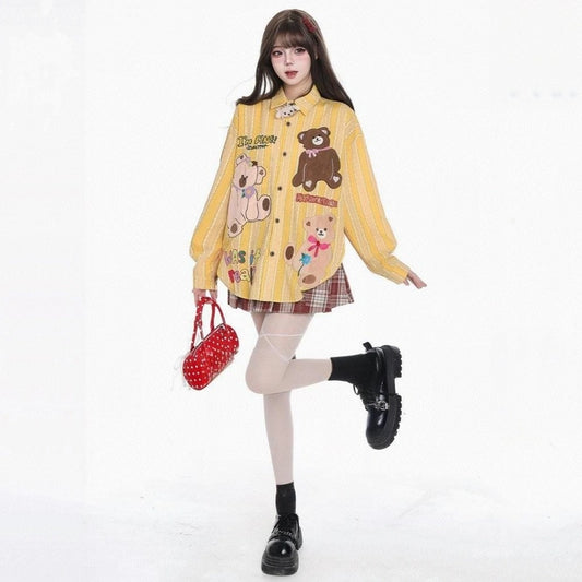 American-Style Cute Bear Embroidered Striped Blouse
