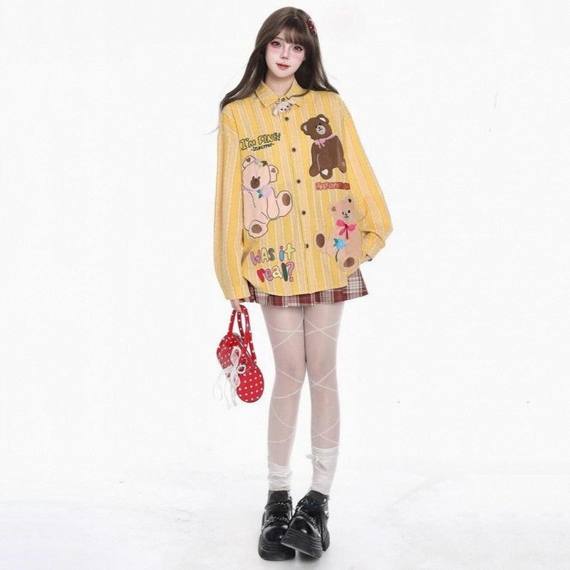 American-Style Cute Bear Embroidered Striped Blouse