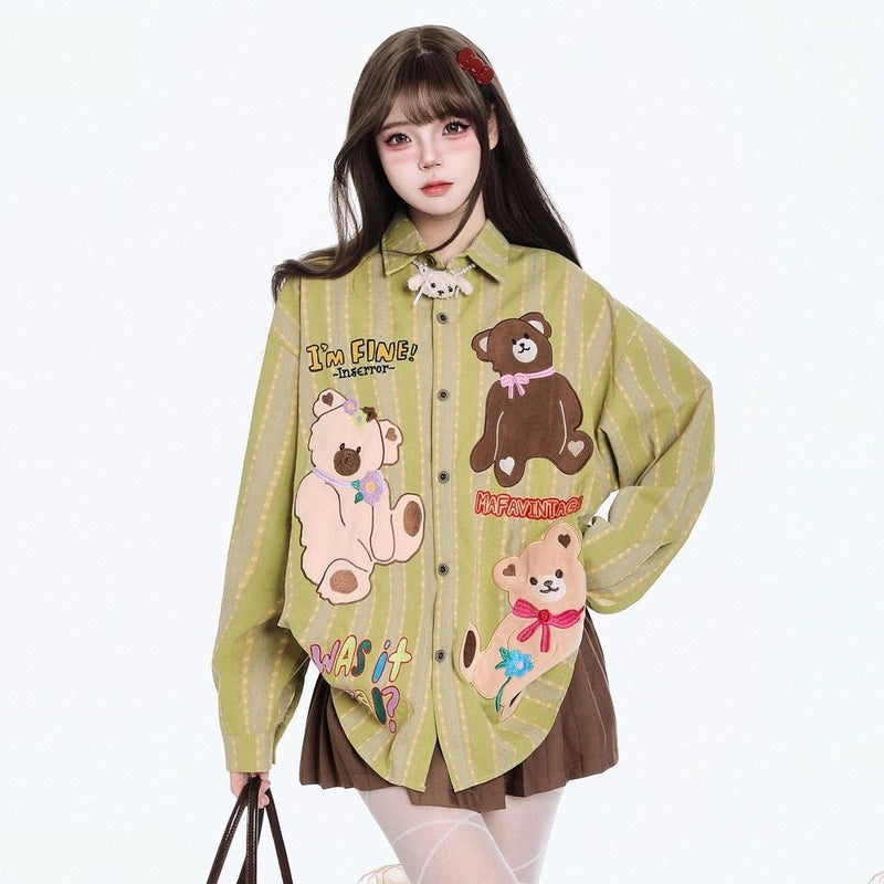 American-Style Cute Bear Embroidered Striped Blouse