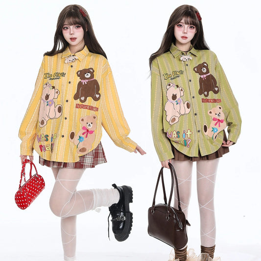 American-Style Cute Bear Embroidered Striped Blouse