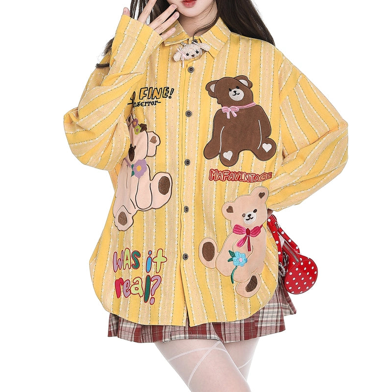 American-Style Cute Bear Embroidered Striped Blouse