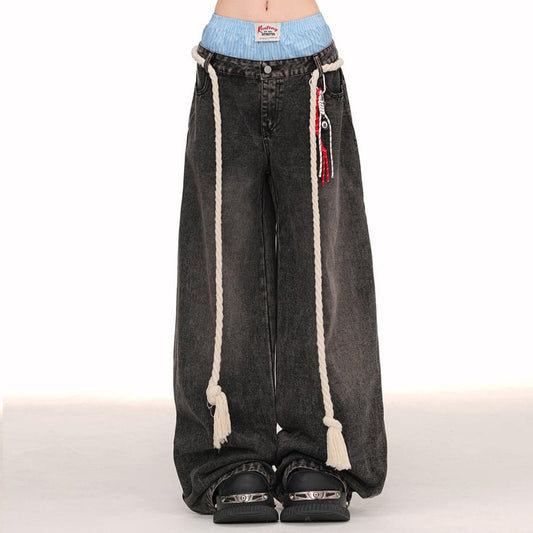 American Style Double Waist Loose Wide-Leg Jeans