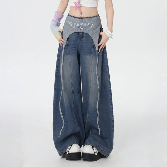 American-Style Embroidered Blue Wide-leg Jeans