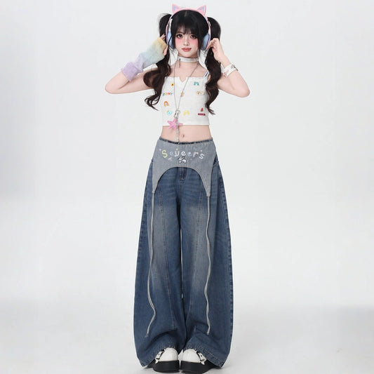 American-Style Embroidered Blue Wide-leg Jeans