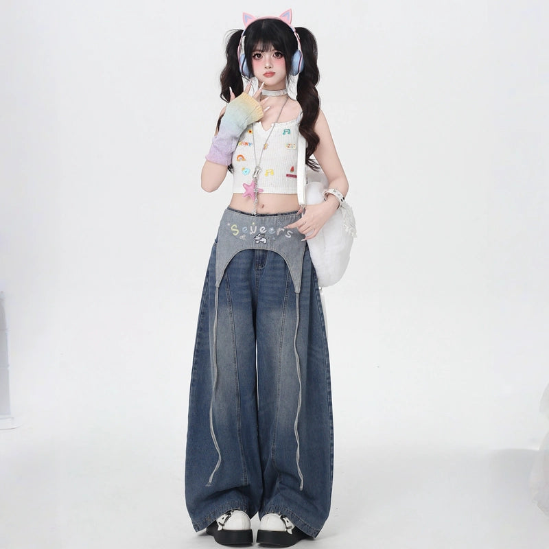 American-Style Embroidered Blue Wide-leg Jeans