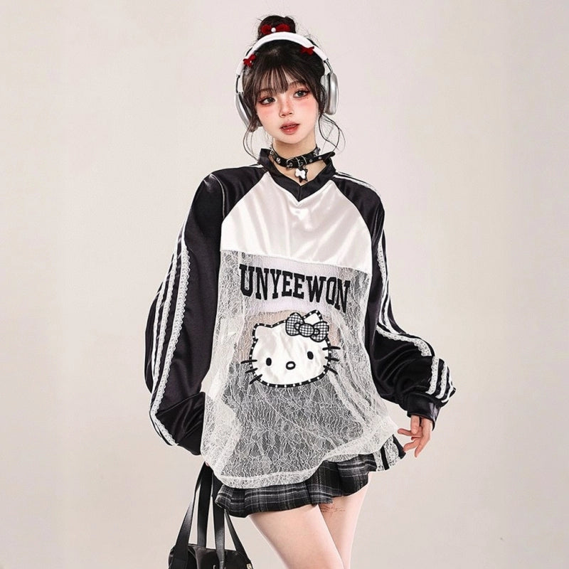 American Style Hello Kitty Embroidered Hollow T-shirt