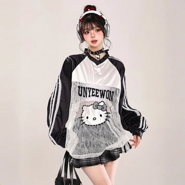 American Style Hello Kitty Embroidered Hollow T-shirt