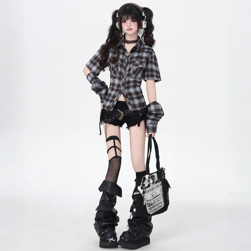 American Style Plaid Print Open-Back Blouse