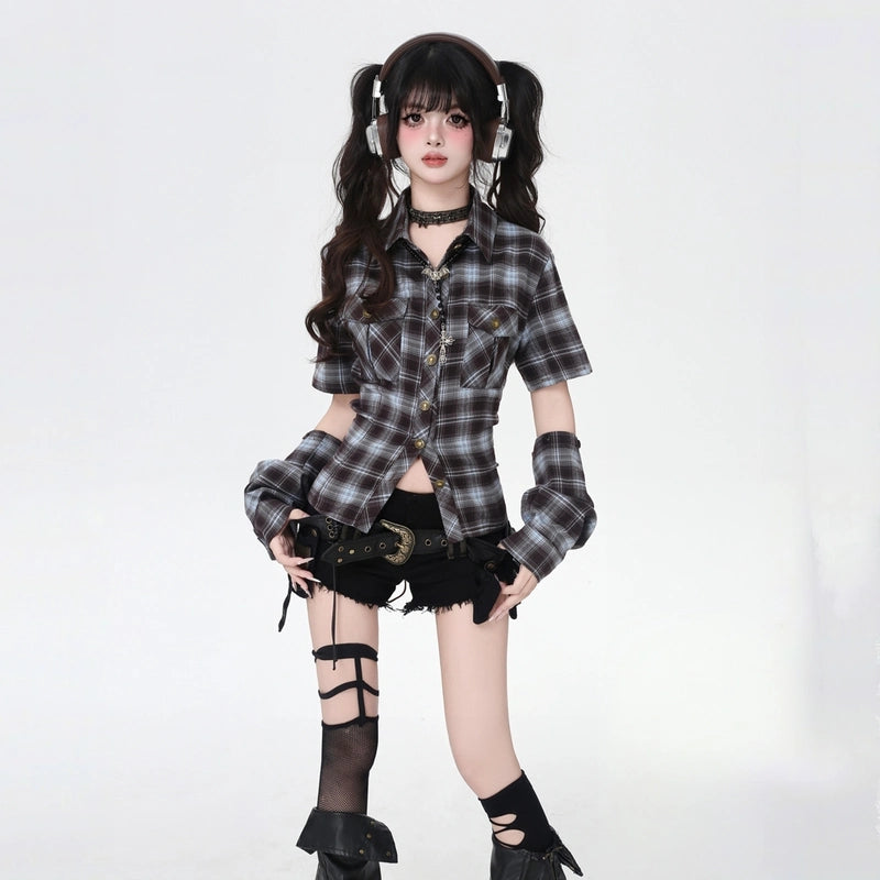American Style Plaid Print Open-Back Blouse