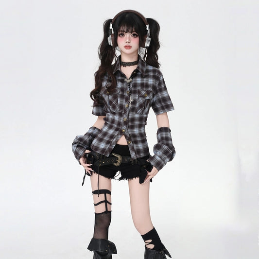 American Style Plaid Print Open-Back Blouse