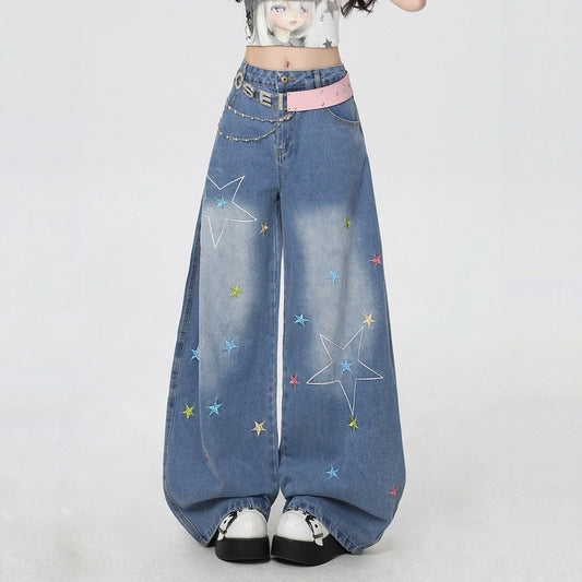 American Sweet Cool Style Star Embroidery High Waist Jeans