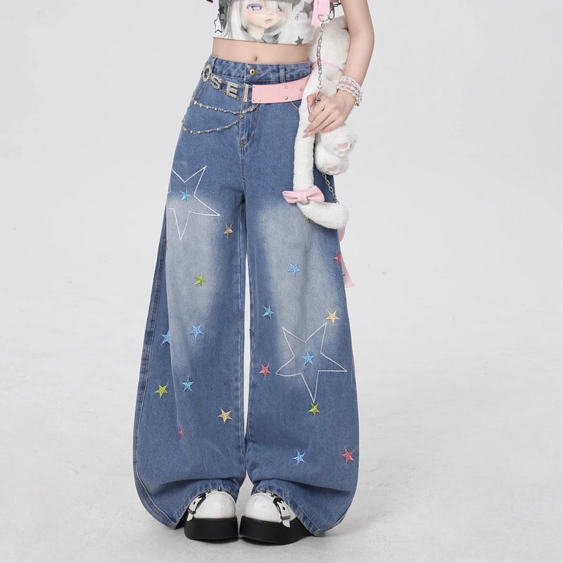 American Sweet Cool Style Star Embroidery High Waist Jeans